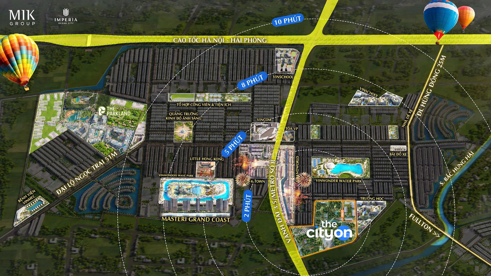 Bản đồ các tiện ích Ocean City quanh The CityOn: VinWonders, Vincom, Vinschool và Vinmec