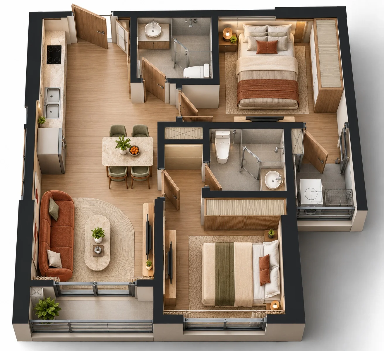 Phối cảnh bố trí căn 2PN