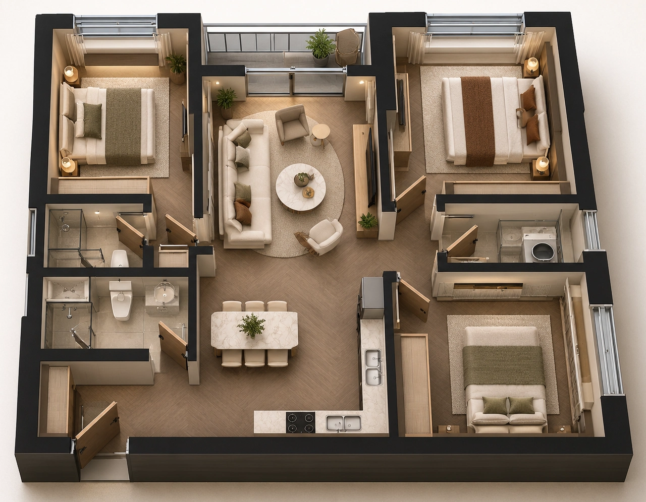 Phối cảnh bố trí căn 3PN